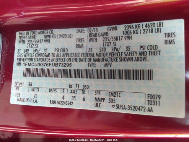 Photo 8 VIN: 1FMCU0G76FUB73295 - FORD ESCAPE 