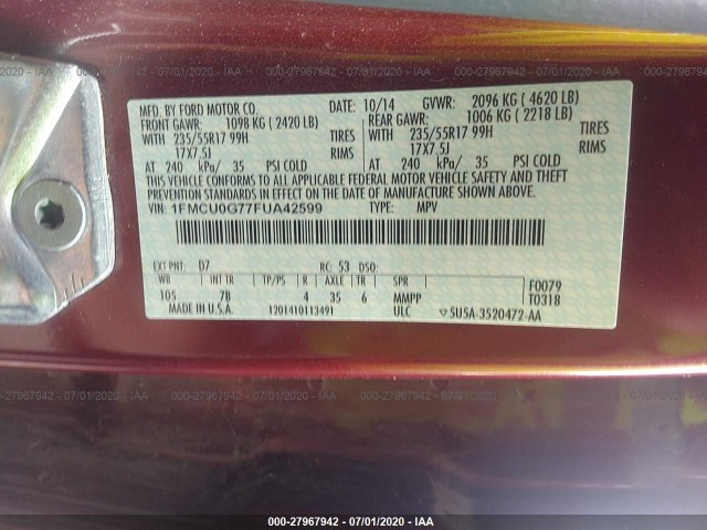 Photo 8 VIN: 1FMCU0G77FUA42599 - FORD ESCAPE 