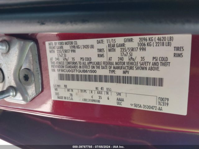 Photo 8 VIN: 1FMCU0G77GUB61500 - FORD ESCAPE 