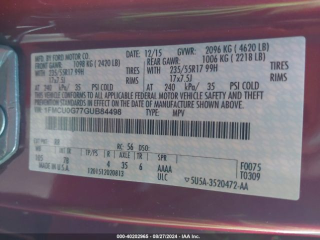 Photo 8 VIN: 1FMCU0G77GUB84498 - FORD ESCAPE 