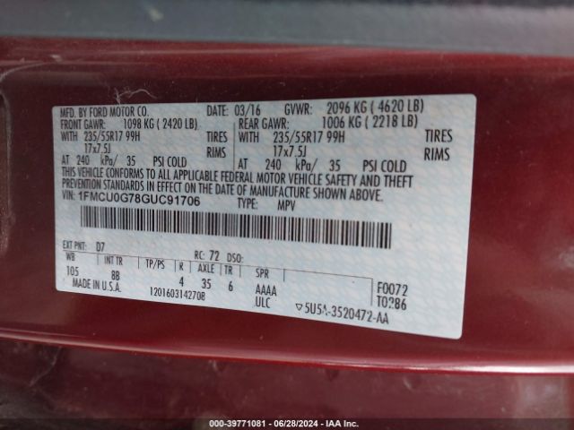 Photo 8 VIN: 1FMCU0G78GUC91706 - FORD ESCAPE 