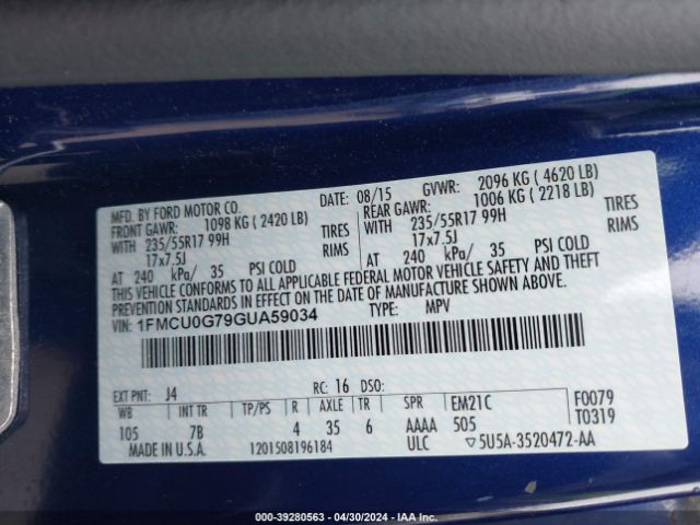 Photo 8 VIN: 1FMCU0G79GUA59034 - FORD ESCAPE 