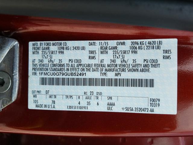 Photo 9 VIN: 1FMCU0G79GUB52491 - FORD ESCAPE SE 