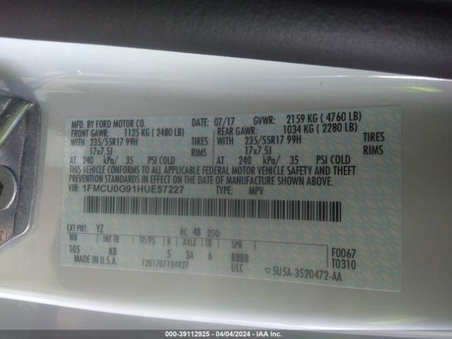 Photo 8 VIN: 1FMCU0G91HUE57227 - FORD ESCAPE 