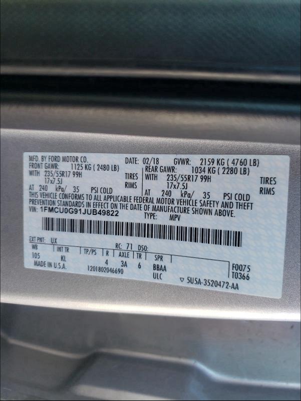 Photo 9 VIN: 1FMCU0G91JUB49822 - FORD ESCAPE SE 