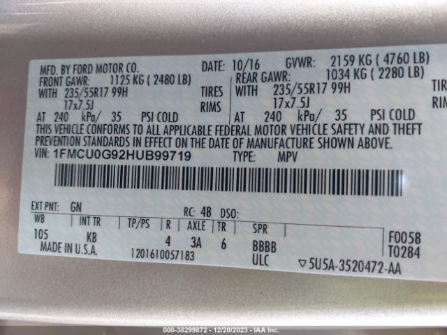 Photo 8 VIN: 1FMCU0G92HUB99719 - FORD ESCAPE 