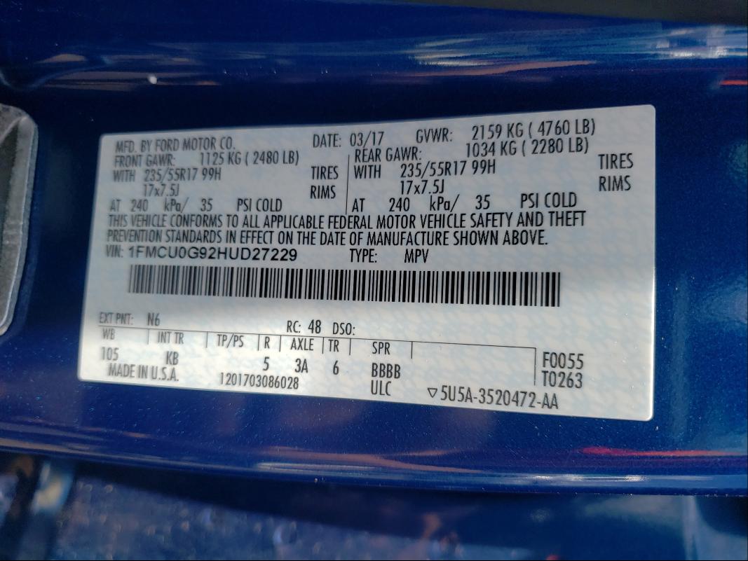 Photo 9 VIN: 1FMCU0G92HUD27229 - FORD ESCAPE SE 