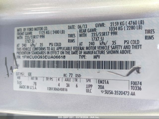 Photo 8 VIN: 1FMCU0G93EUA06618 - FORD ESCAPE 