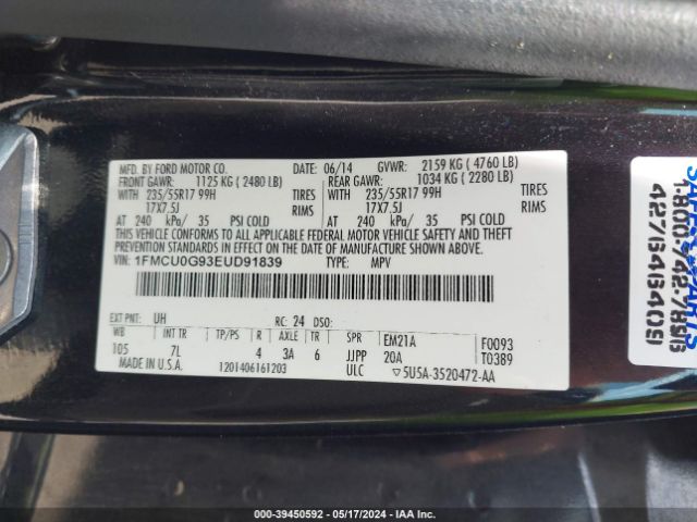 Photo 8 VIN: 1FMCU0G93EUD91839 - FORD ESCAPE 