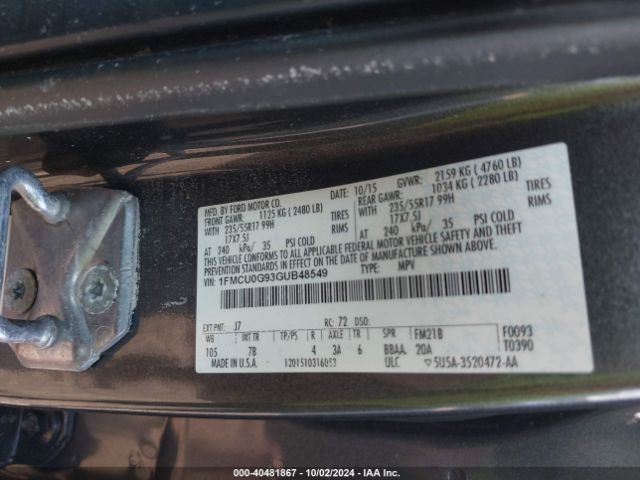 Photo 8 VIN: 1FMCU0G93GUB48549 - FORD ESCAPE 