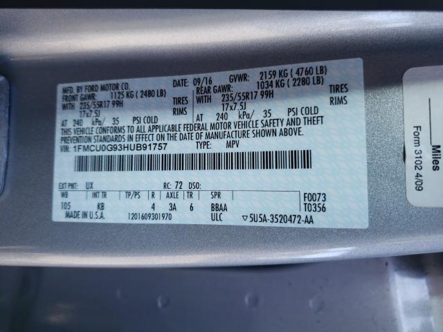 Photo 9 VIN: 1FMCU0G93HUB91757 - FORD ESCAPE SE 