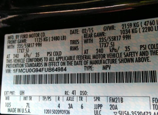 Photo 8 VIN: 1FMCU0G94FUB64984 - FORD ESCAPE 