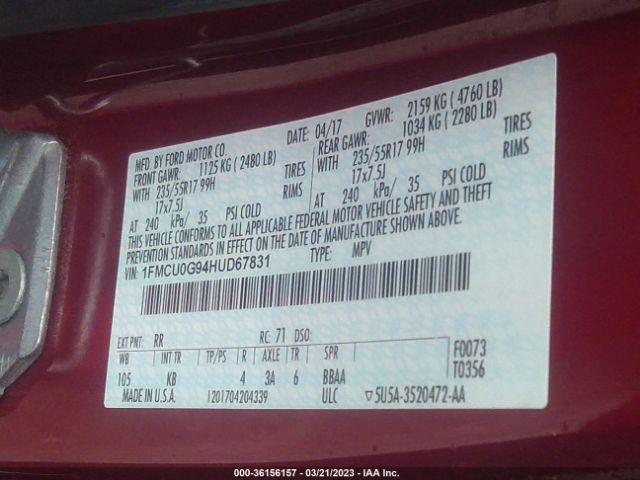 Photo 8 VIN: 1FMCU0G94HUD67831 - FORD ESCAPE 