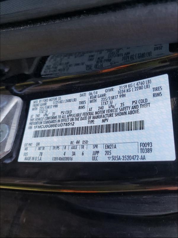 Photo 9 VIN: 1FMCU0G95EUD78512 - FORD ESCAPE SE 