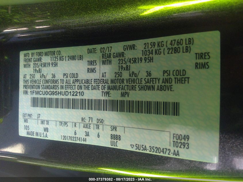 Photo 8 VIN: 1FMCU0G95HUD12210 - FORD ESCAPE 