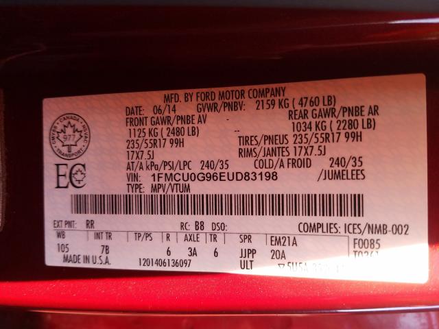 Photo 9 VIN: 1FMCU0G96EUD83198 - FORD ESCAPE SE 