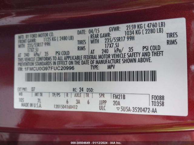 Photo 8 VIN: 1FMCU0G97FUC20996 - FORD ESCAPE 