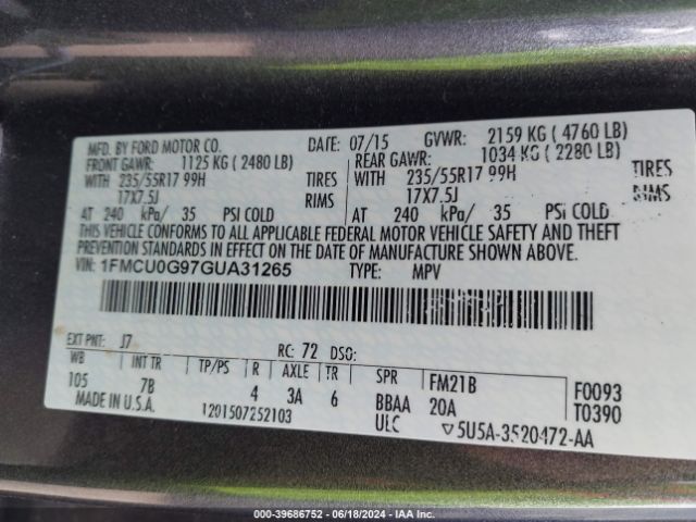 Photo 8 VIN: 1FMCU0G97GUA31265 - FORD ESCAPE 