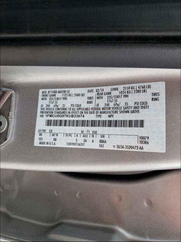 Photo 9 VIN: 1FMCU0G97KUB33674 - FORD ESCAPE SE 