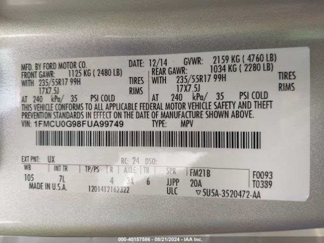 Photo 8 VIN: 1FMCU0G98FUA99749 - FORD ESCAPE 