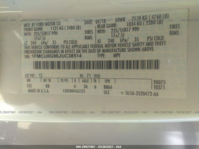 Photo 8 VIN: 1FMCU0G98JUC38514 - FORD ESCAPE 