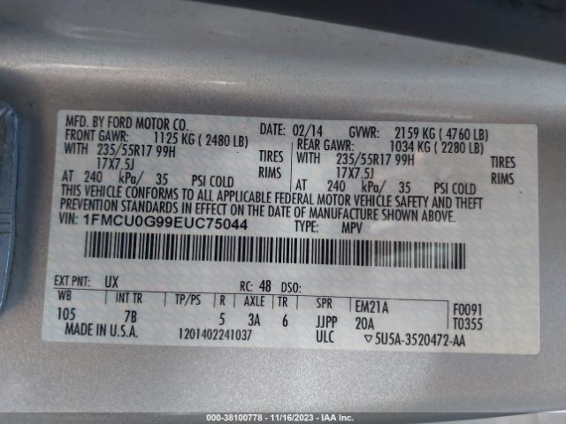 Photo 8 VIN: 1FMCU0G99EUC75044 - FORD ESCAPE 