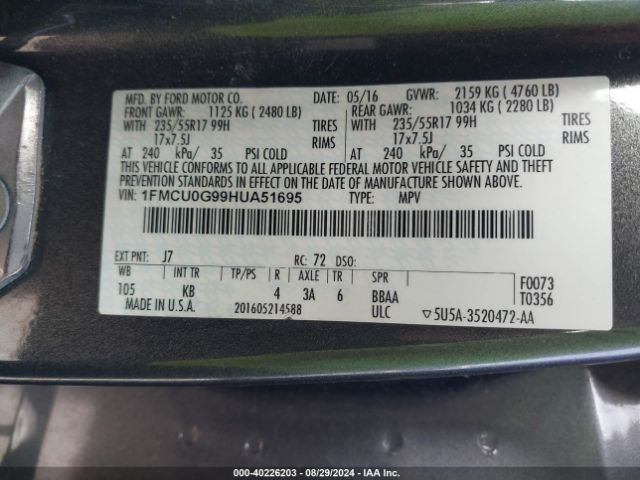 Photo 8 VIN: 1FMCU0G99HUA51695 - FORD ESCAPE 