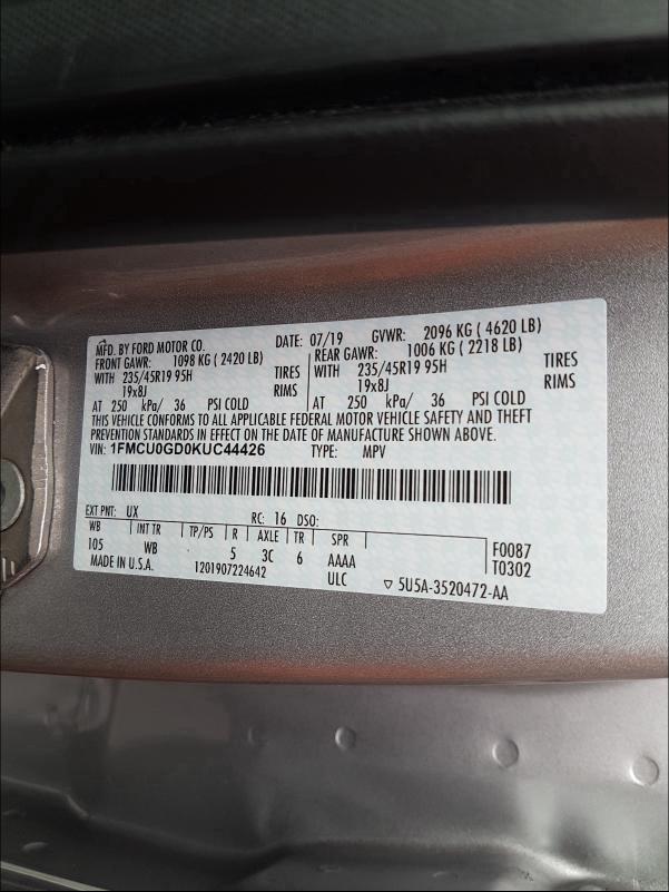 Photo 9 VIN: 1FMCU0GD0KUC44426 - FORD ESCAPE SE 