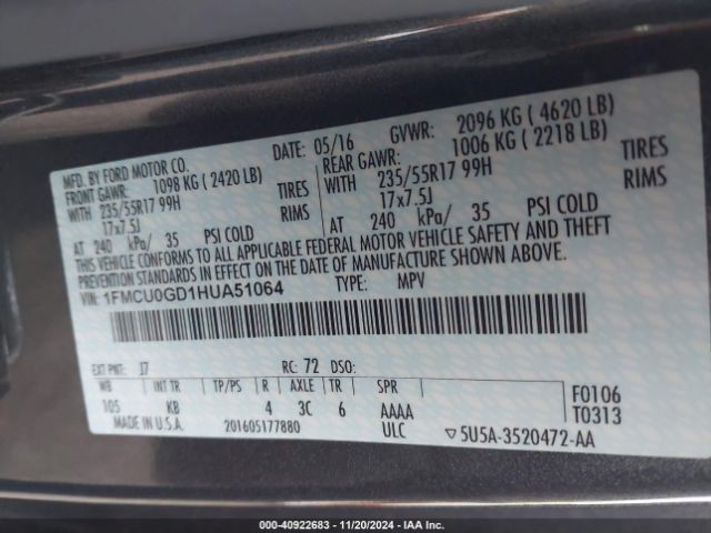 Photo 8 VIN: 1FMCU0GD1HUA51064 - FORD ESCAPE 