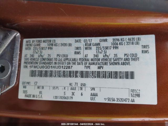 Photo 8 VIN: 1FMCU0GD1HUD12287 - FORD ESCAPE 