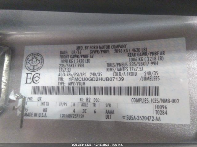 Photo 8 VIN: 1FMCU0GD2HUB07139 - FORD ESCAPE 