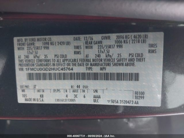 Photo 8 VIN: 1FMCU0GD2HUC45764 - FORD ESCAPE 