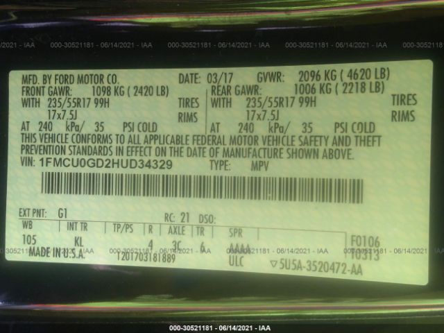 Photo 8 VIN: 1FMCU0GD2HUD34329 - FORD ESCAPE 