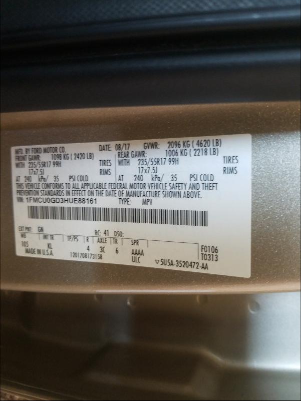 Photo 9 VIN: 1FMCU0GD3HUE88161 - FORD ESCAPE SE 