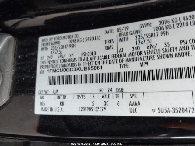 Photo 8 VIN: 1FMCU0GD3KUB95061 - FORD ESCAPE 