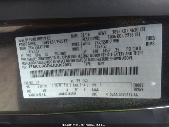 Photo 8 VIN: 1FMCU0GD4JUB62052 - FORD ESCAPE 