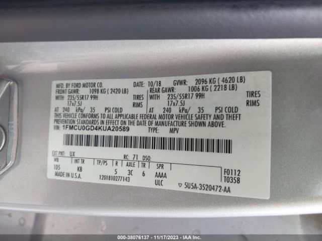 Photo 8 VIN: 1FMCU0GD4KUA20589 - FORD ESCAPE 