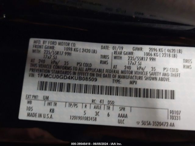 Photo 8 VIN: 1FMCU0GD4KUB08509 - FORD ESCAPE 