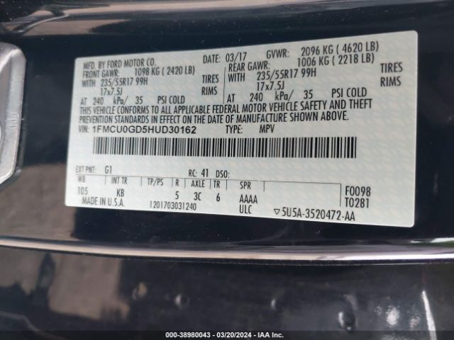 Photo 8 VIN: 1FMCU0GD5HUD30162 - FORD ESCAPE 