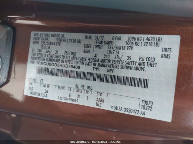 Photo 8 VIN: 1FMCU0GD5HUD75408 - FORD ESCAPE 