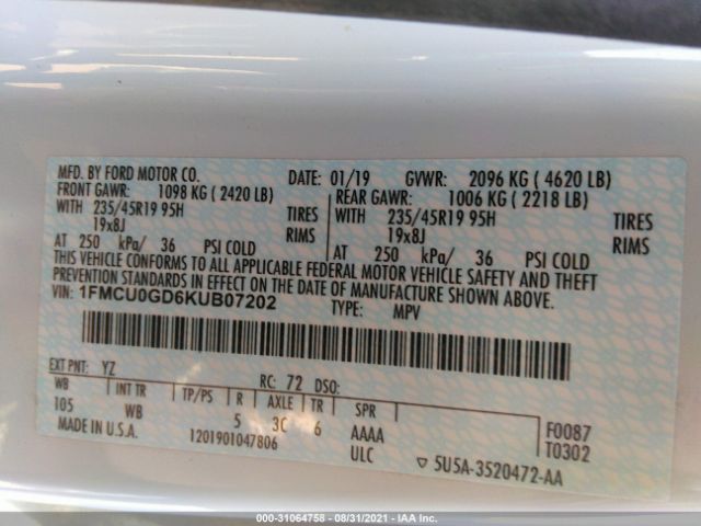 Photo 8 VIN: 1FMCU0GD6KUB07202 - FORD ESCAPE 