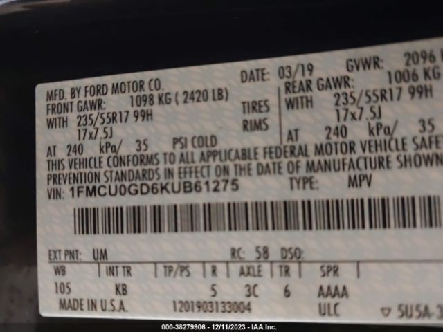 Photo 8 VIN: 1FMCU0GD6KUB61275 - FORD ESCAPE 