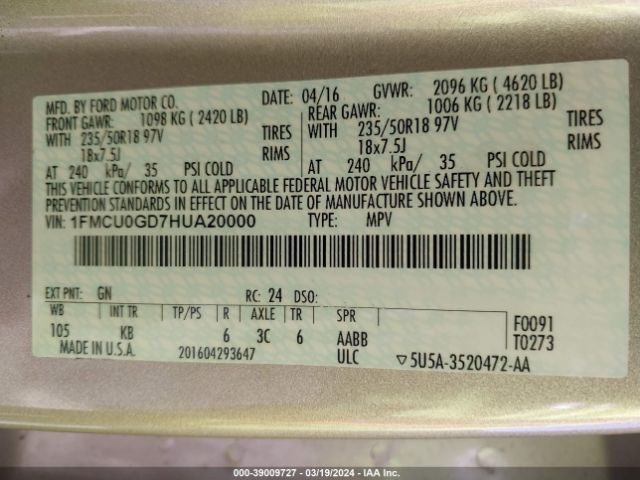 Photo 8 VIN: 1FMCU0GD7HUA20000 - FORD ESCAPE 