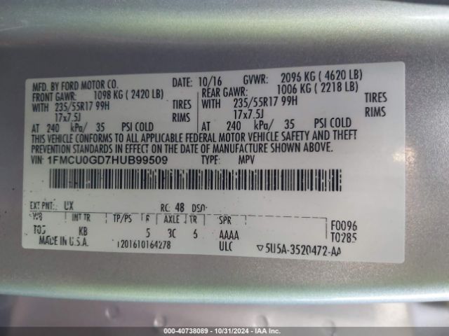 Photo 8 VIN: 1FMCU0GD7HUB99509 - FORD ESCAPE 