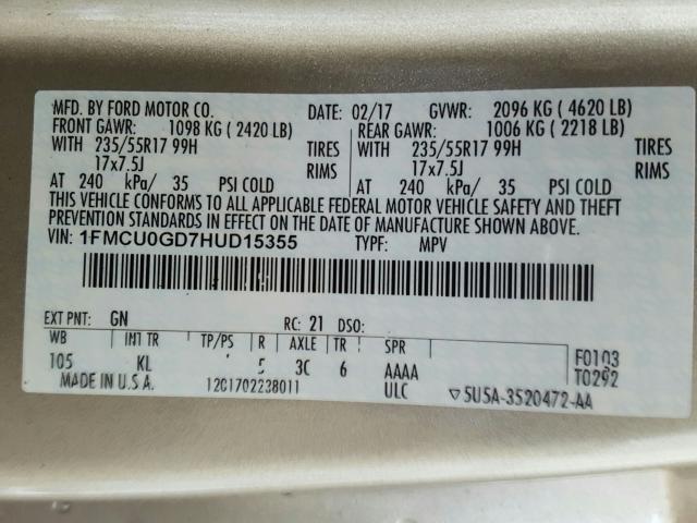 Photo 9 VIN: 1FMCU0GD7HUD15355 - FORD ESCAPE SE 