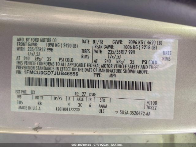 Photo 8 VIN: 1FMCU0GD7JUB46556 - FORD ESCAPE 