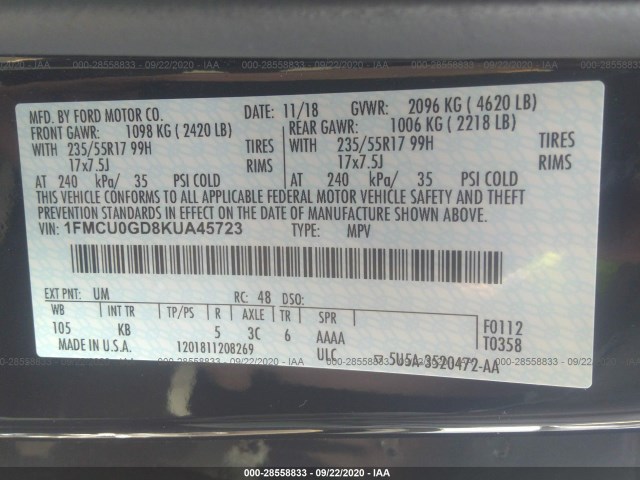 Photo 8 VIN: 1FMCU0GD8KUA45723 - FORD ESCAPE 