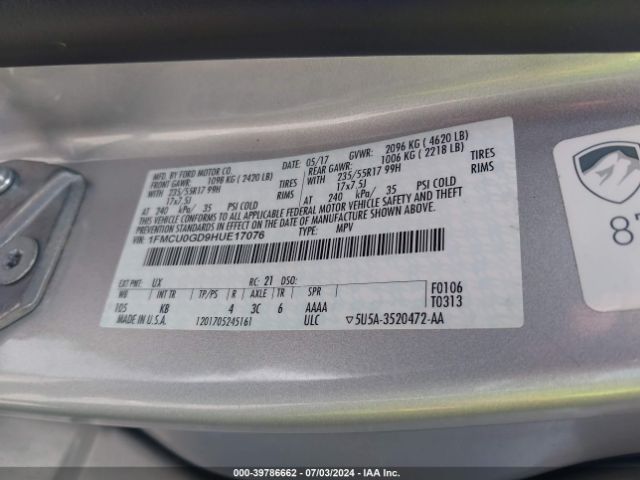 Photo 8 VIN: 1FMCU0GD9HUE17076 - FORD ESCAPE 