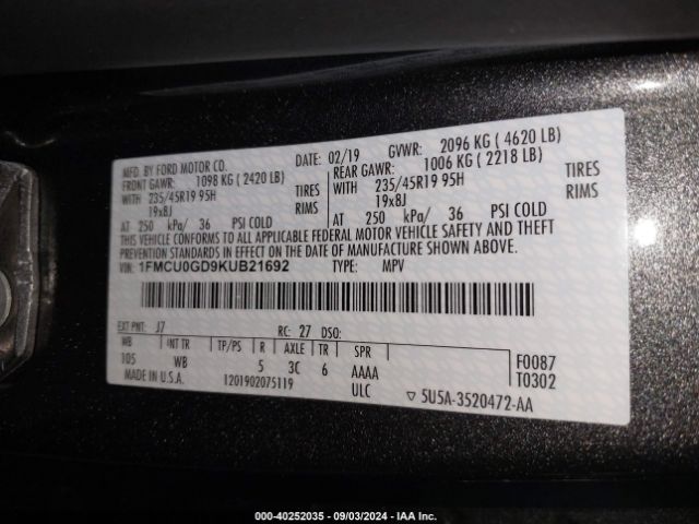 Photo 8 VIN: 1FMCU0GD9KUB21692 - FORD ESCAPE 