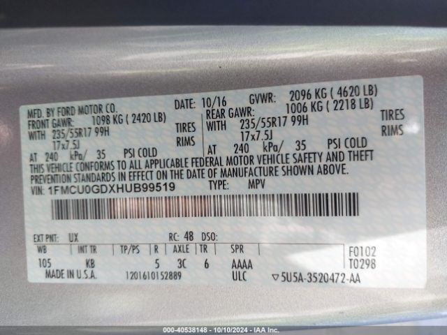 Photo 8 VIN: 1FMCU0GDXHUB99519 - FORD ESCAPE 